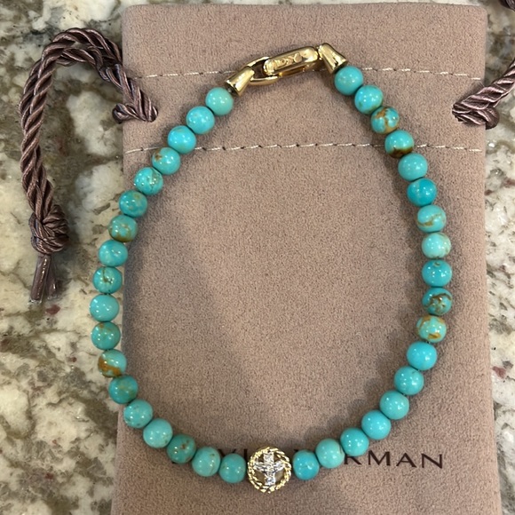 Turquoise Spiritual Beads Peace Sign Bracelet, 14K Yellow Gold and Pavé Diamonds - Picture 4 of 4